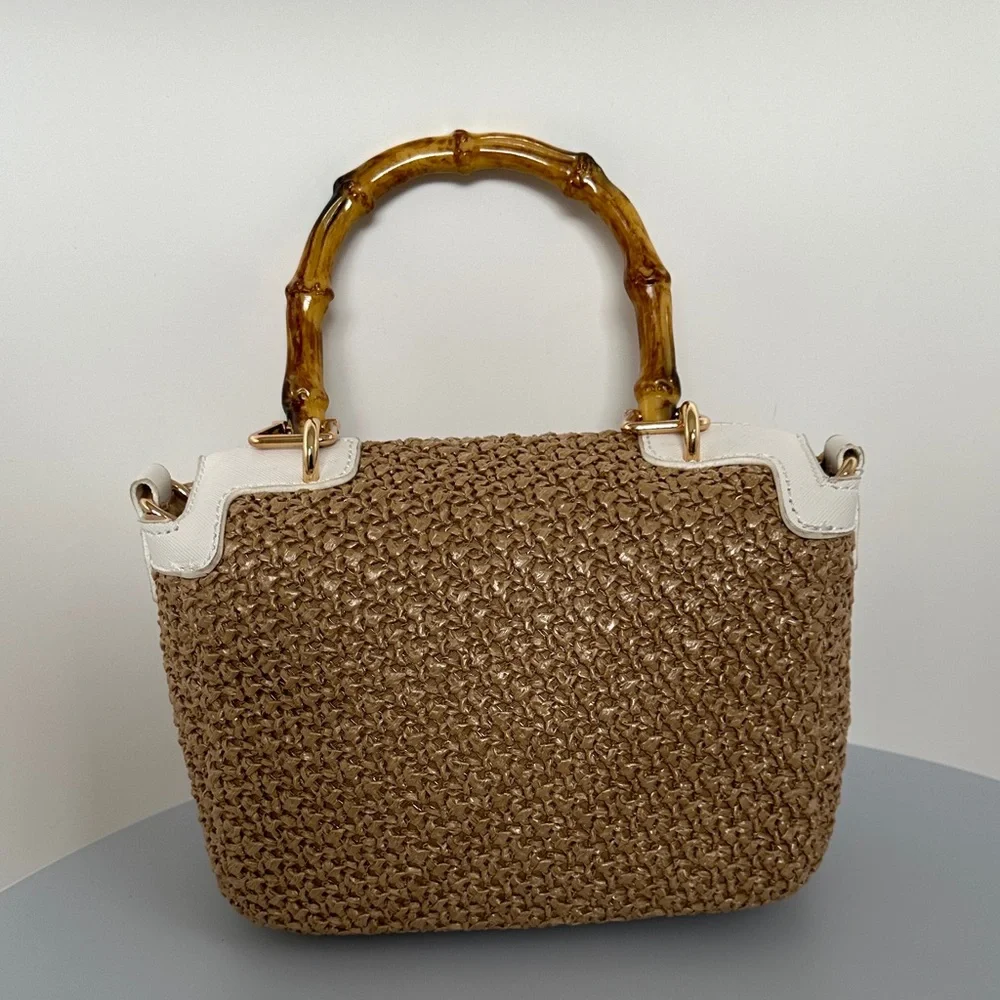 Studio F Chic Tan and White Satchel with Bamboo Handle